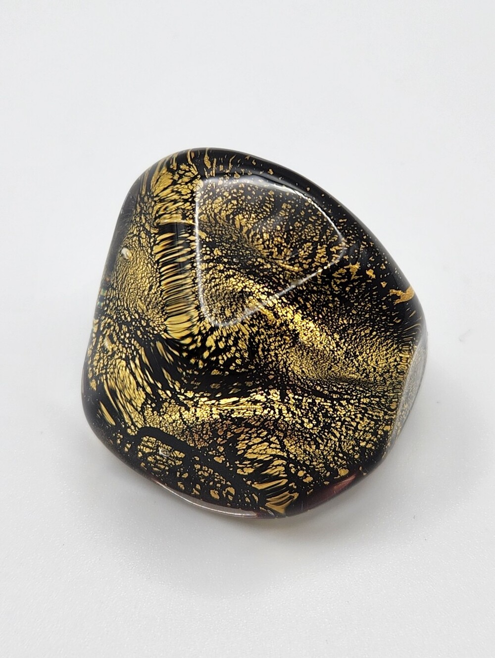 Handcrafted Murano Glass Ring, Black And Gold, Size 8